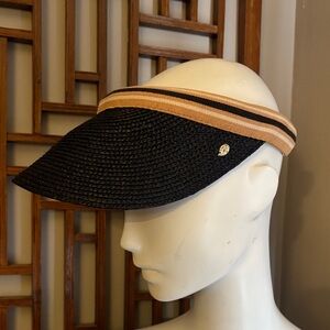 Helen Kaminski Bianca Raffia Charcoal Black Stripe Visor Hat
